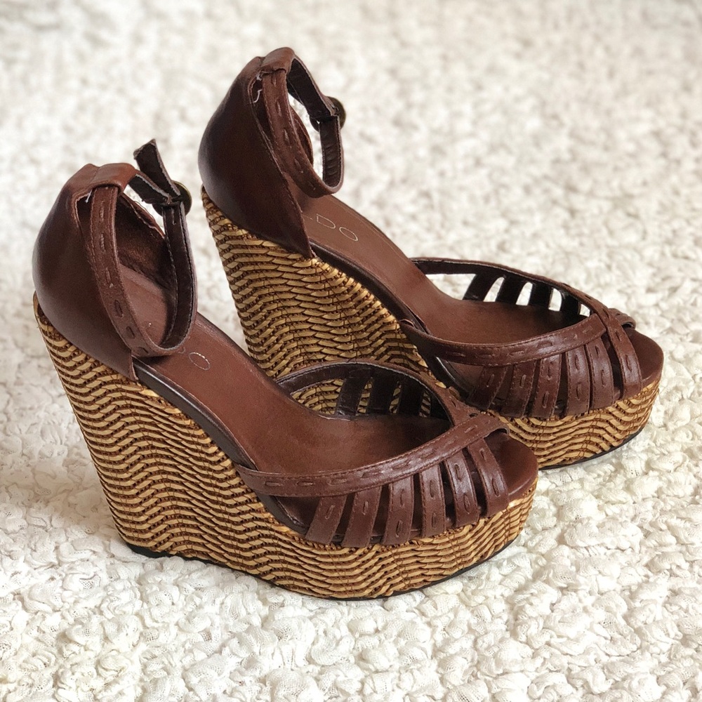 Aldo Brown Peep Toe high Heel Summer Wedge Size 6
